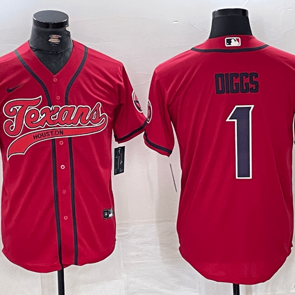 Men’s Houston Texans #1 Stefon Diggs Red With Patch Cool Base Stitched Baseball Jersey