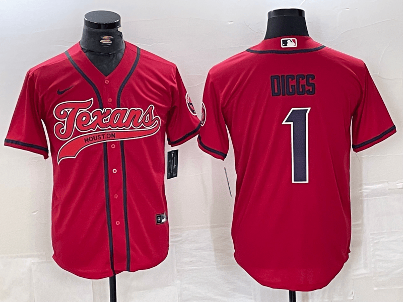 Men’s Houston Texans #1 Stefon Diggs Red With Patch Cool Base Stitched Baseball Jersey