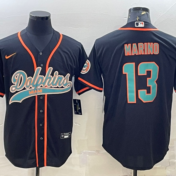Men’s Miami Dolphins #13 Dan Marino Black With Patch Cool Base Stitched Baseball Jersey