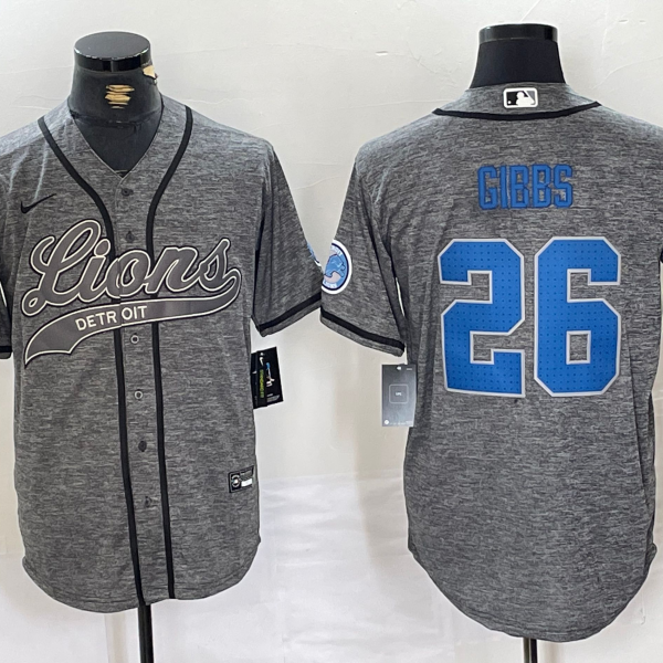 Men’s Detroit Lions #26 Jahmyr Gibbs Grey Gridiron With Patch Cool Base Stitched Baseball Jersey