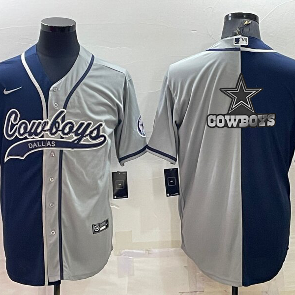Men’s Dallas Cowboys Navy Grey Split Team Big Logo With Patch Cool Base Stitched Baseball Jersey