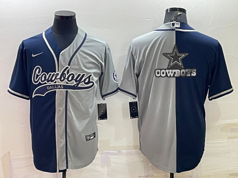 Men’s Dallas Cowboys Navy Grey Split Team Big Logo With Patch Cool Base Stitched Baseball Jersey