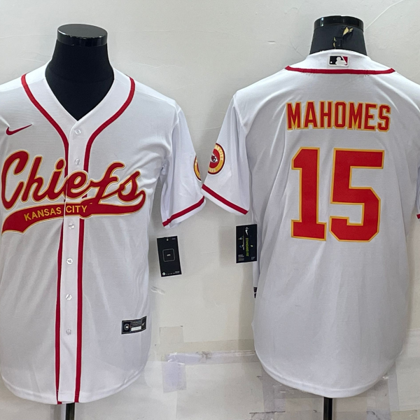 Men’s Kansas City Chiefs #15 Patrick Mahomes White With Patch Cool Base Stitched Baseball Jersey