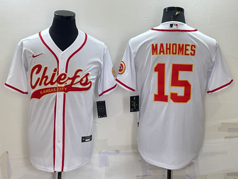Men’s Kansas City Chiefs #15 Patrick Mahomes White With Patch Cool Base Stitched Baseball Jersey