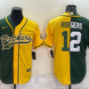 Men’s Green Bay Packers #12 Aaron Rodgers Green Yellow Split With Patch Cool Base Stitched Baseball Jersey