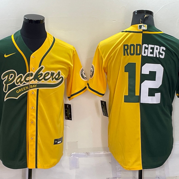 Men’s Green Bay Packers #12 Aaron Rodgers Green Yellow Split With Patch Cool Base Stitched Baseball Jersey