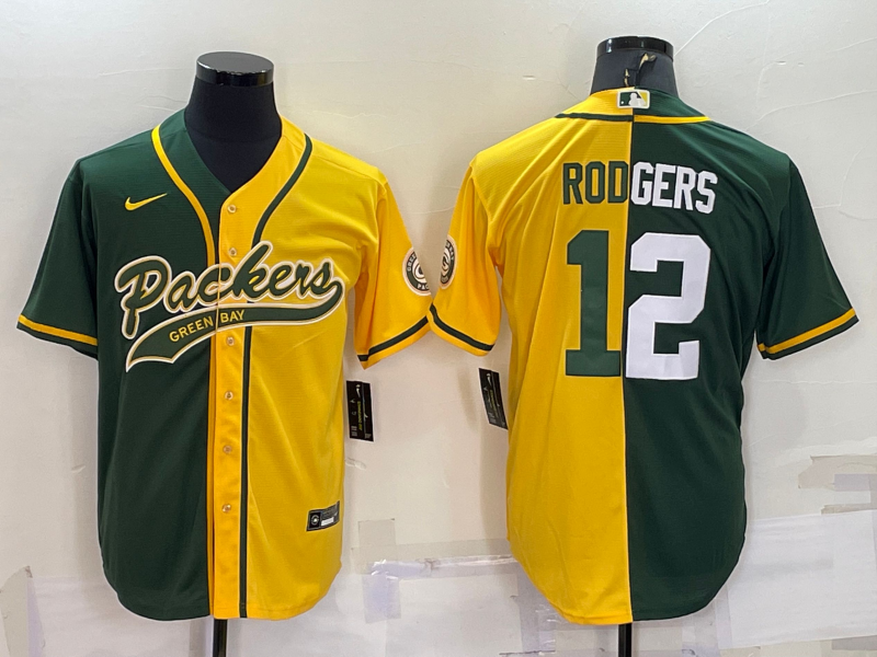 Men’s Green Bay Packers #12 Aaron Rodgers Green Yellow Split With Patch Cool Base Stitched Baseball Jersey