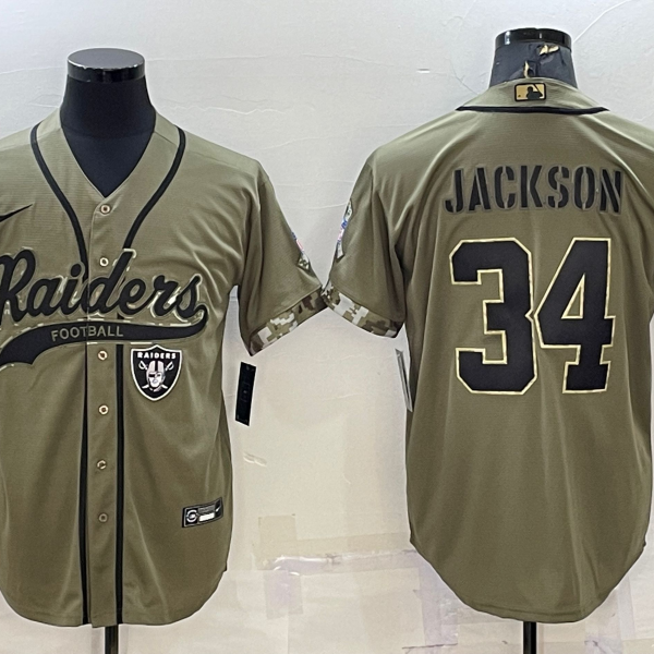 Men’s Las Vegas Raiders #34 Bo Jackson 2022 Olive Salute to Service Cool Base Stitched Baseball Jersey
