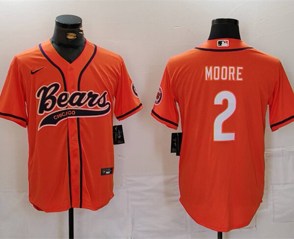Men’s Chicago Bears #2 DJ Moore Orange With Patch Cool Base Stitched Baseball Jersey