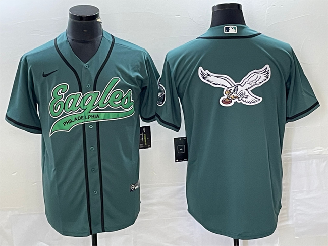 Men’s Philadelphia Eagles Green Team Big Logo Cool Base Stitched Baseball Jersey