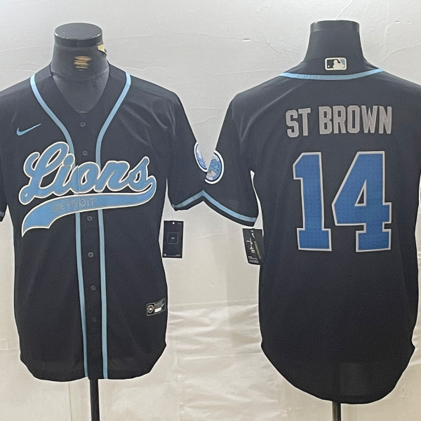 Men’s Detroit Lions #14 Amon-Ra St. Brown Black Cool Base Stitched Baseball Jersey