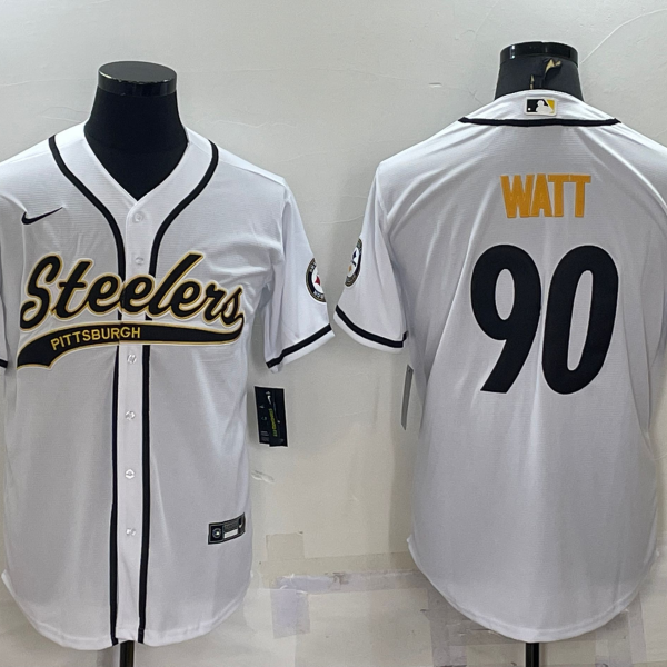 Men’s Pittsburgh Steelers #90 TJ Watt White With Patch Cool Base Stitched Baseball Jersey