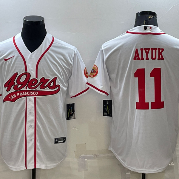Men’s San Francisco 49ers #11 Brandon Aiyuk White With Patch Cool Base Stitched Baseball Jersey
