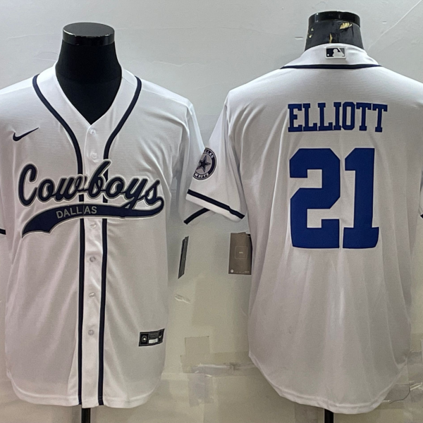 Men’s Dallas Cowboys #21 Ezekiel Elliott White With Patch Cool Base Stitched Baseball Jersey