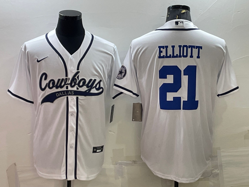 Men’s Dallas Cowboys #21 Ezekiel Elliott White With Patch Cool Base Stitched Baseball Jersey