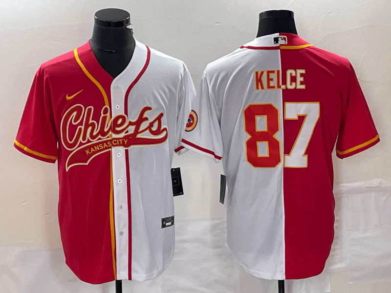Men’s Kansas City Chiefs #87 Travis Kelce Red White Two Tone Cool Base Stitched Baseball Jersey