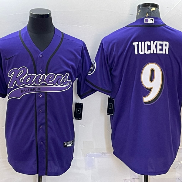 Men’s Baltimore Ravens #9 Justin Tucker Purple With Patch Cool Base Stitched Baseball Jersey