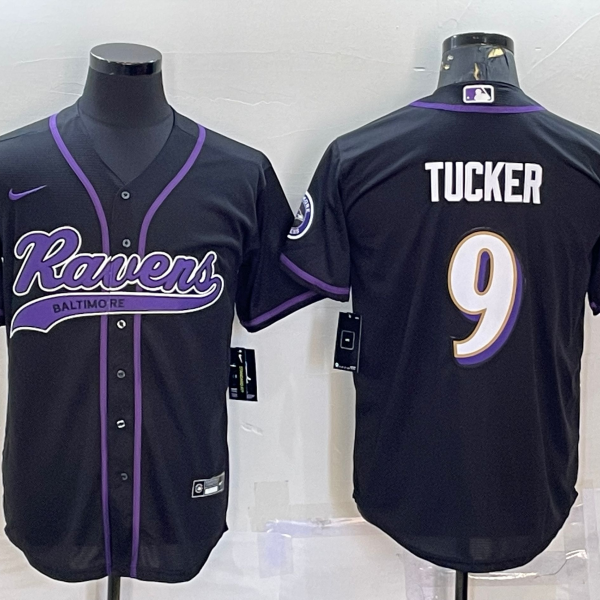 Men’s Baltimore Ravens #9 Justin Tucker Black With Patch Cool Base Stitched Baseball Jersey