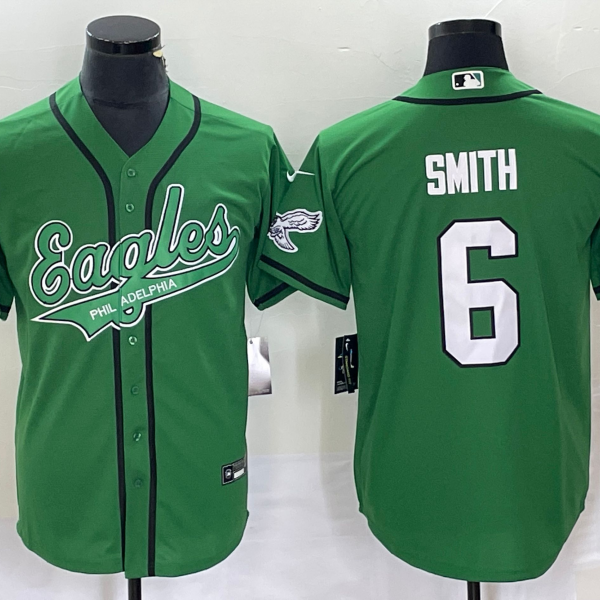 Men’s Philadelphia Eagles #6 DeVonta Smith Green Cool Base Stitched Baseball Jersey