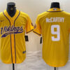 Men’s Minnesota Vikings #9 J.J. McCarthy Yellow Cool Base Stitched Baseball Jersey