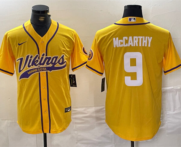 Men’s Minnesota Vikings #9 J.J. McCarthy Yellow Cool Base Stitched Baseball Jersey