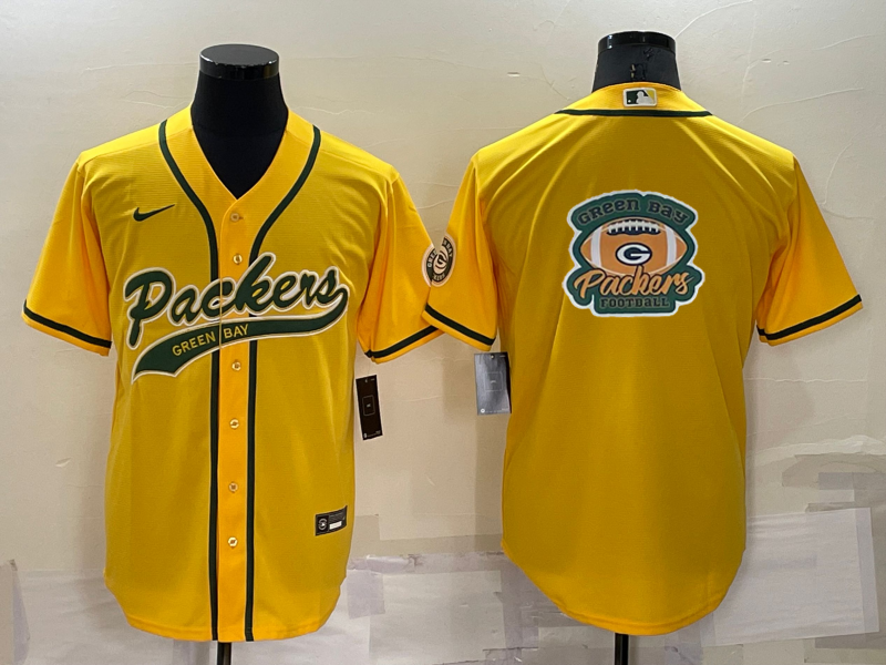 Men’s Green Bay Packers Yellow Team Big Logo With Patch Cool Base Stitched Baseball Jersey