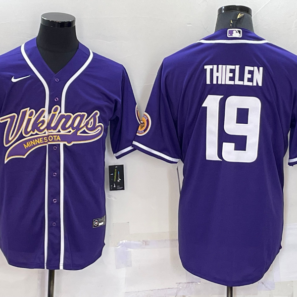 Men’s Minnesota Vikings #19 Adam Thielen Purple With Patch Cool Base Stitched Baseball Jersey
