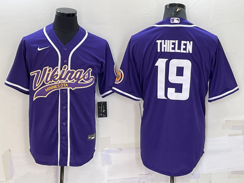 Men’s Minnesota Vikings #19 Adam Thielen Purple With Patch Cool Base Stitched Baseball Jersey