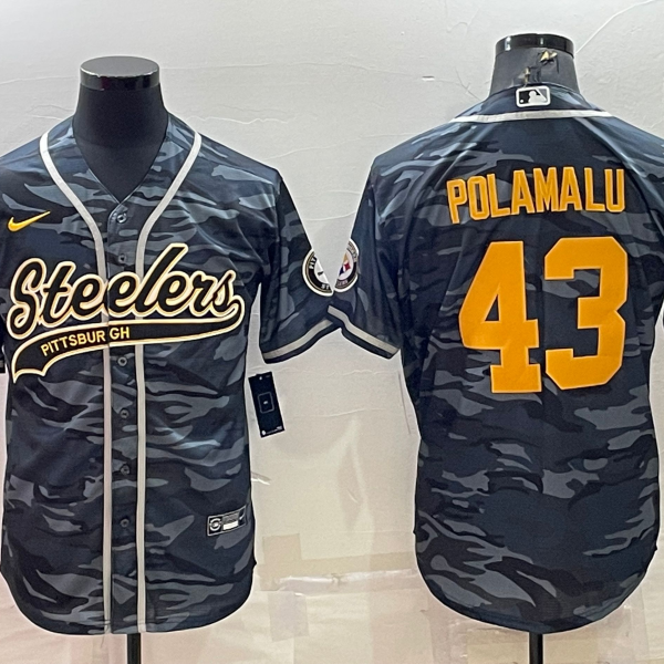 Men’s Pittsburgh Steelers #43 Troy Polamalu Grey Navy Camo With Patch Cool Base Stitched Baseball Jersey