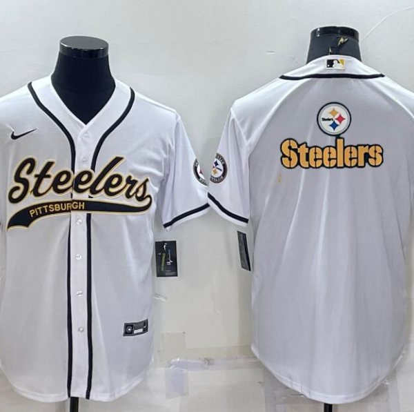 Men’s Pittsburgh Steelers White Team Big Logo With Patch Cool Base Stitched Baseball Jersey