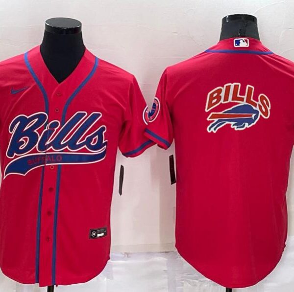 Men’s Buffalo Bills Red Team Big Logo With Patch Cool Base Stitched Baseball Jersey