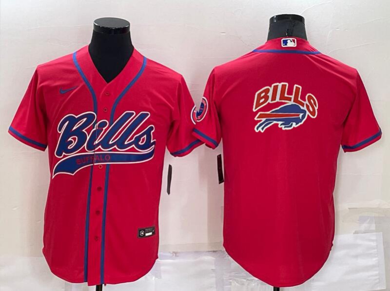 Men’s Buffalo Bills Red Team Big Logo With Patch Cool Base Stitched Baseball Jersey