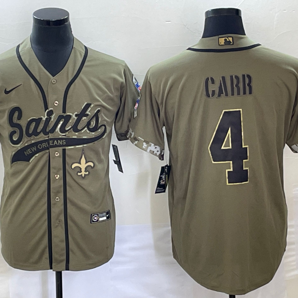Men’s New Orleans Saints #4 Derek Carr Olive 2022 Salute To Service Cool Base Stitched Baseball Jersey