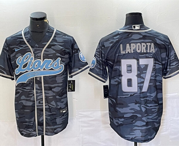 Men’s Detroit Lions #87 Sam LaPorta Gray Camo Cool Base Stitched Baseball Jersey
