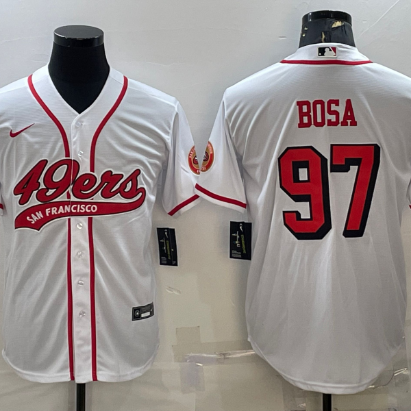 Men’s San Francisco 49ers #97 Nick Bosa New White With Patch Cool Base Stitched Baseball Jersey