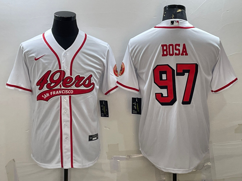 Men’s San Francisco 49ers #97 Nick Bosa New White With Patch Cool Base Stitched Baseball Jersey