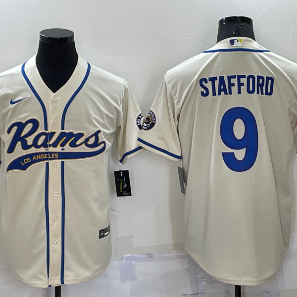 Men’s Los Angeles Rams #9 Matthew Stafford Cream Stitched Cool Base Nike Baseball Jersey