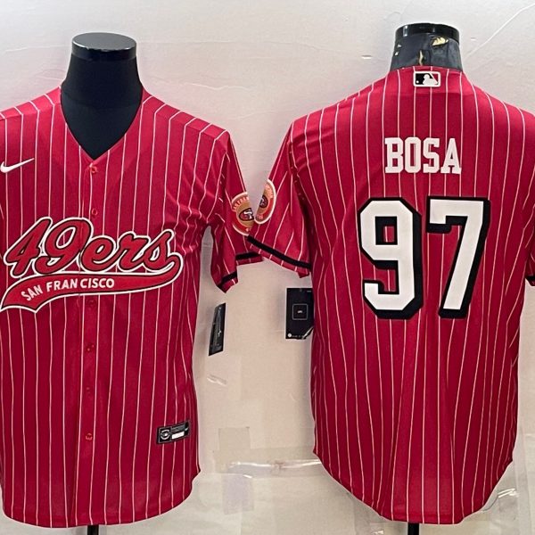 Men’s San Francisco 49ers #97 Nick Bosa Red Pinstripe Color Rush With Patch Cool Base Stitched Baseball Jersey