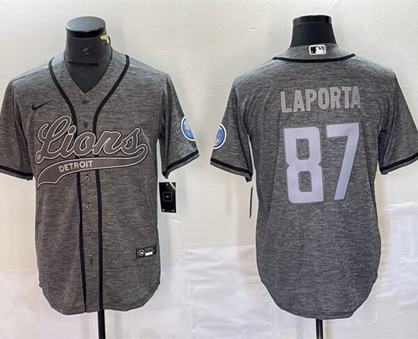 Men’s Detroit Lions #87 Sam LaPorta Gray Cool Base Stitched Baseball Jersey