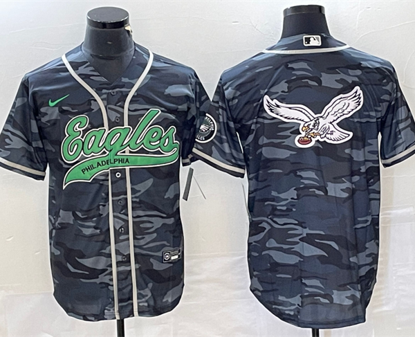 Men’s Philadelphia Eagles Gray Camo Team Big Logo Cool Base Stitched Baseball Jersey