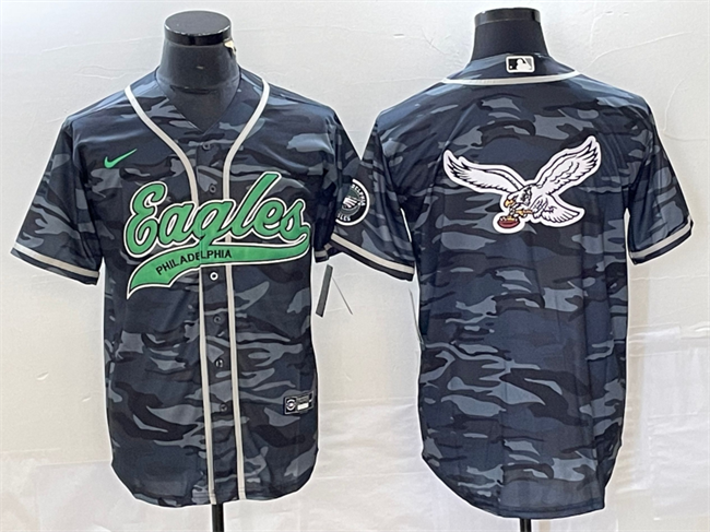 Men’s Philadelphia Eagles Gray Camo Team Big Logo Cool Base Stitched Baseball Jersey