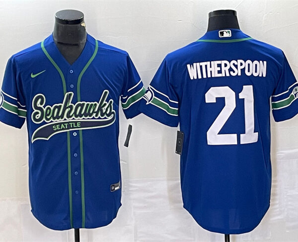 Men’s Seattle Seahawks #21 Devon Witherspoon Royal Throwback Cool Base Stitched Baseball Jersey
