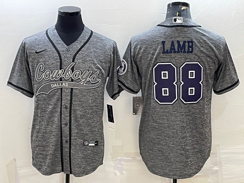 Men’s Dallas Cowboys #88 CeeDee Lamb Grey Gridiron With Patch Cool Base Stitched Baseball Jersey