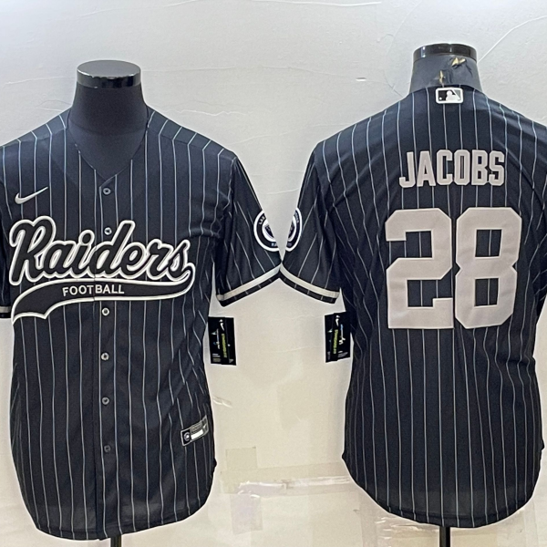Men’s Las Vegas Raiders #28 Josh Jacobs Black With Patch Cool Base Stitched Baseball Jersey