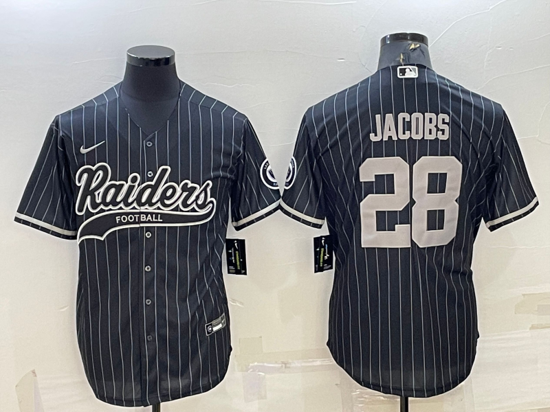 Men’s Las Vegas Raiders #28 Josh Jacobs Black With Patch Cool Base Stitched Baseball Jersey