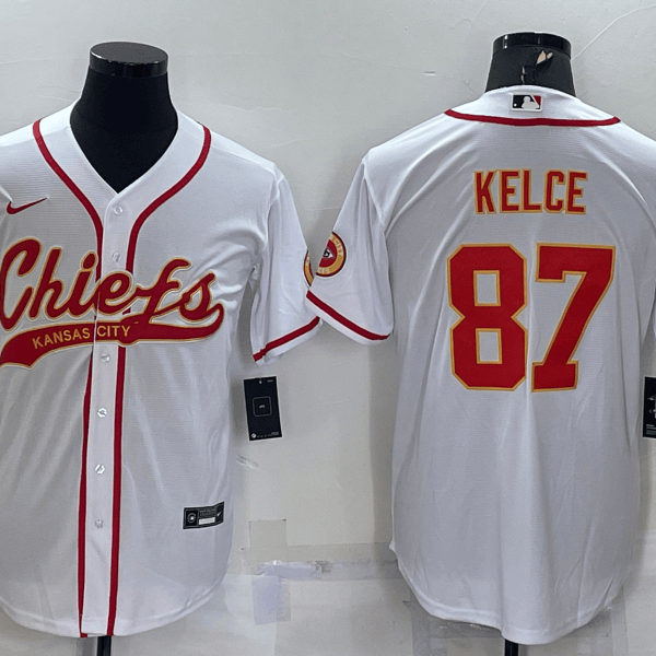 Men’s Kansas City Chiefs #87 Travis Kelce White With Patch Cool Base Stitched Baseball Jersey