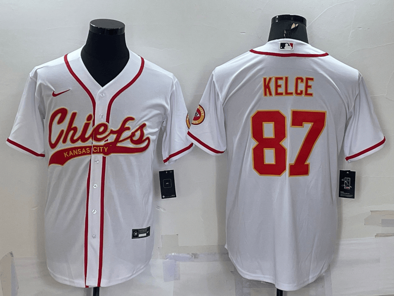 Men’s Kansas City Chiefs #87 Travis Kelce White With Patch Cool Base Stitched Baseball Jersey