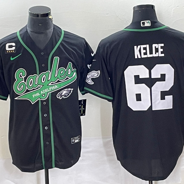 Men’s Philadelphia Eagles #62 Jason Kelce Black C Patch Cool Base Stitched Baseball Jersey