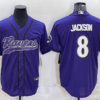 Men’s Baltimore Ravens #8 Lamar Jackson Purple With Patch Cool Base Stitched Baseball Jersey