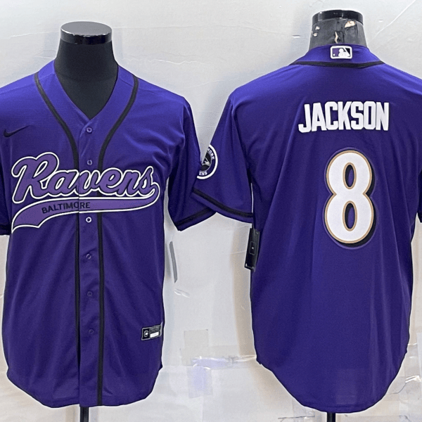 Men’s Baltimore Ravens #8 Lamar Jackson Purple With Patch Cool Base Stitched Baseball Jersey